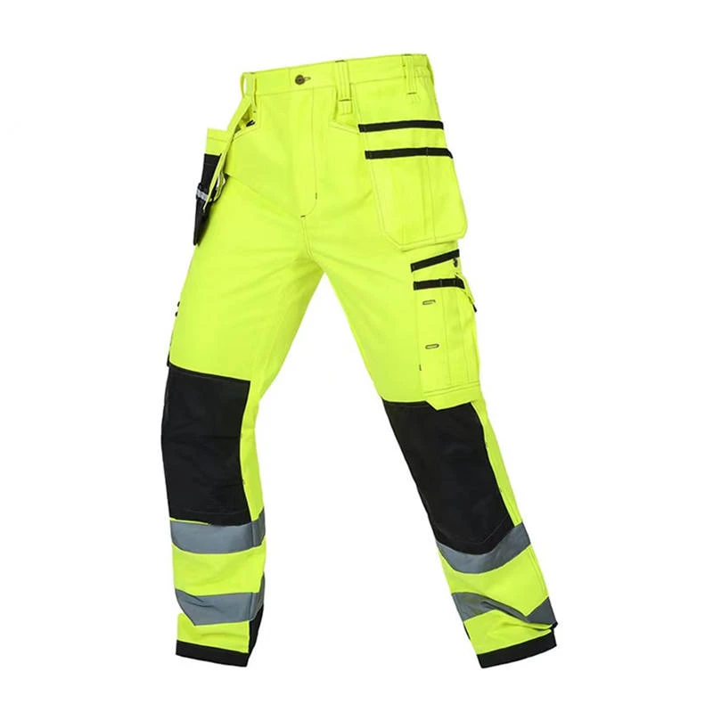 Hi vis work pants with reflective leg tape and reinforced contrast panels for municipal worker safety